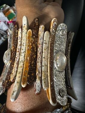 Handcrafted Brown and Cream Resin Bracelet/vertical glass/ceramic panels